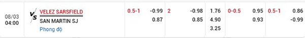 Tỷ lệ Velez Sarsfield vs San Martin