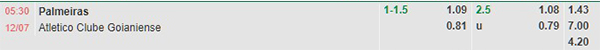 Tỷ lệ Palmeiras vs Atletico Mineiro
